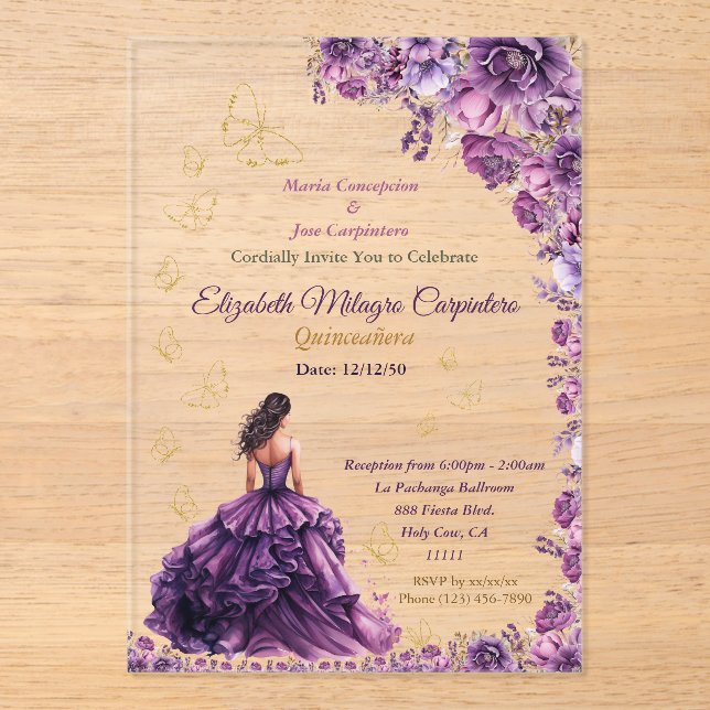 Purple Violet Lilac Lavender Mauve Quinceañera Acrylic Invitations (Front)