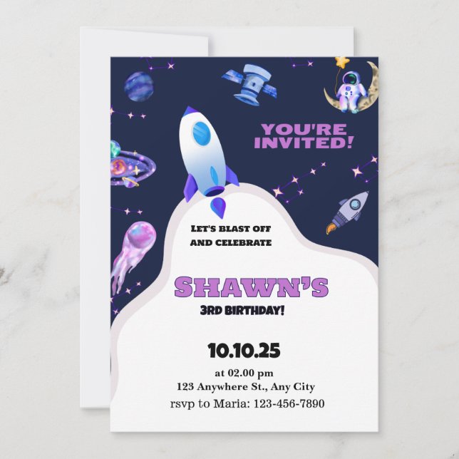 Purple Violet Outer Space Birthday Invitation (Front)