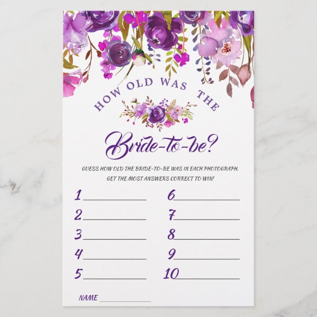 Purple Violet Peony Floral Bridal Shower Game (Front)