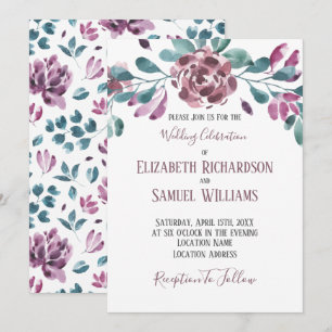 Purple Violet Peony Watercolor Wedding Invitation