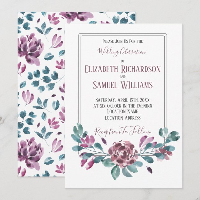 Purple Violet Peony Watercolor Wedding Invitation (Front/Back)
