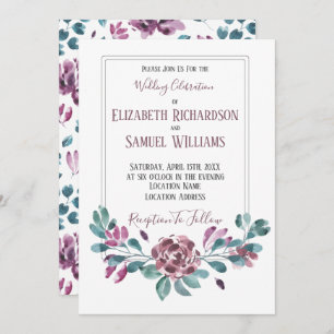Purple Violet Peony Watercolor Wedding Invitation