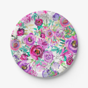 Purple Violet Pink Colourful Modern Floral Pattern Paper Plate