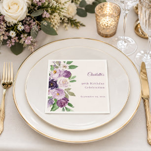 Purple violet pink florals birthday napkin