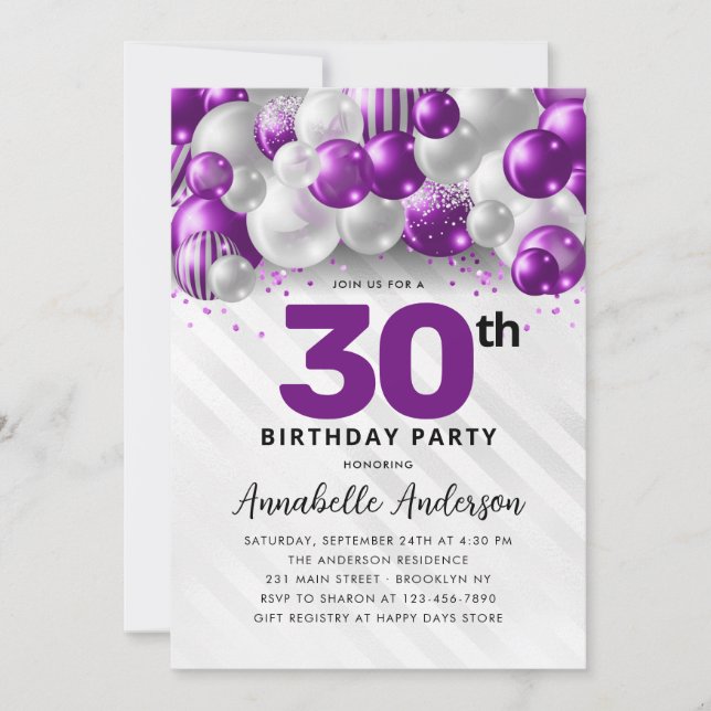 Purple Violet Silver Balloon Glitter 30th Birthday Invitation (Front)