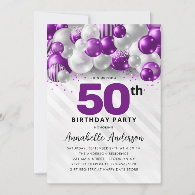 Purple Violet Silver Balloon Glitter 50th Birthday Invitation (Front)