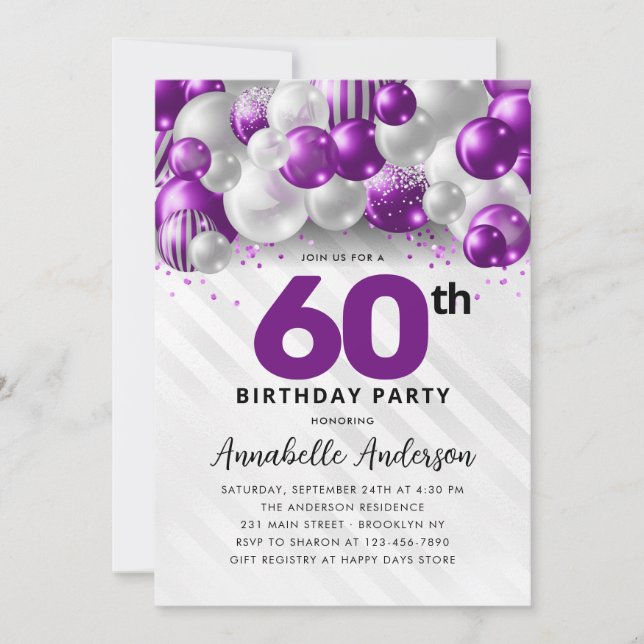 Purple Violet Silver Balloon Glitter 60th Birthday Invitation (Front)