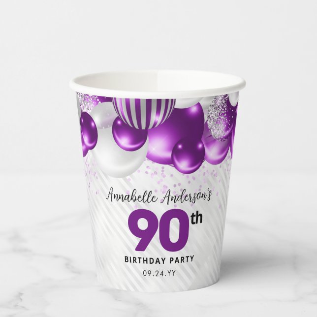 Purple Violet Silver Balloon Glitter 90th Birthday Paper Cups (Left)