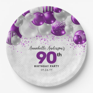 Purple Violet Silver Balloon Glitter 90th Birthday Paper Plate