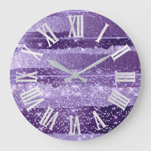 PURPLE VIOLET STROKES Glitter Gray Roman Numbers Large Clock