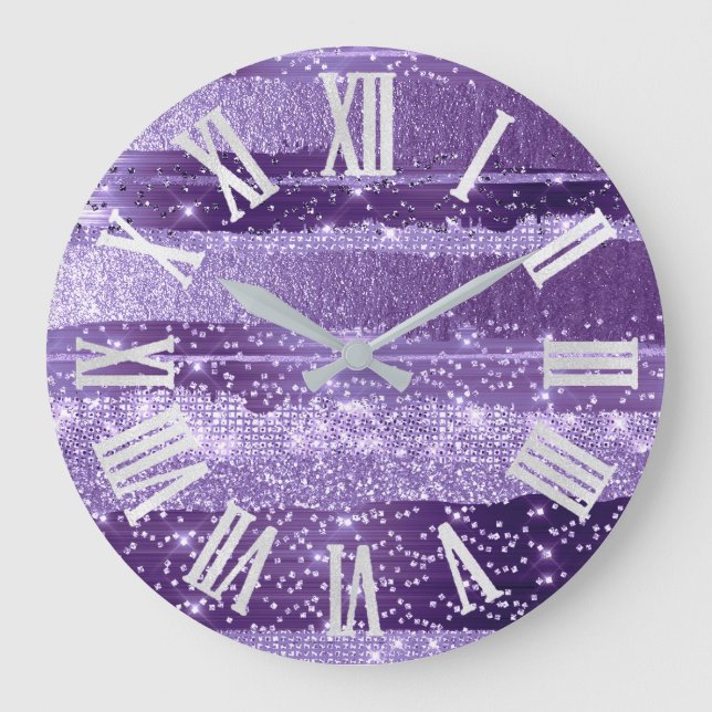 PURPLE VIOLET  STROKES Glitter Gray Roman Numbers Large Clock (Front)