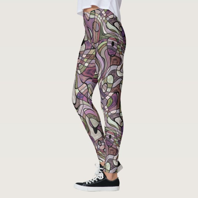 Purple Violet Warped Twisted Retro Squares Pattern Leggings (Left)