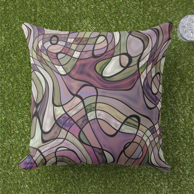 Purple Violet Warped Twisted Retro Squares Pattern Outdoor Pillow (Grass)