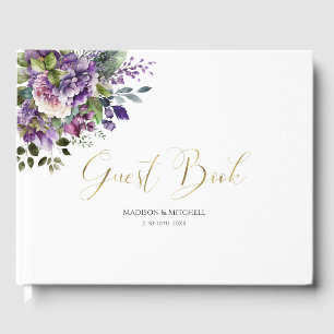 Purple Violet Watercolor Bouquet Gold Script Guest Book