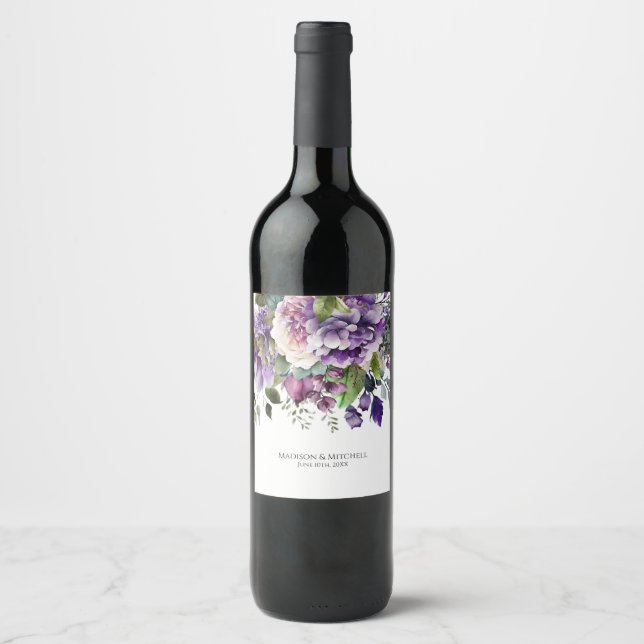 Purple Violet Watercolor Bouquet Gold Script Wine Label (Front)