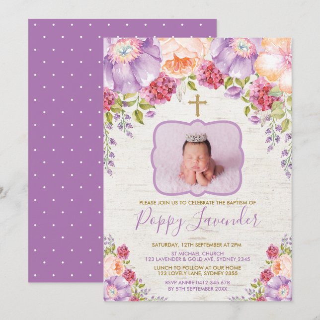Purple Violet Watercolor Floral Baptism Communion Invitation (Front/Back)
