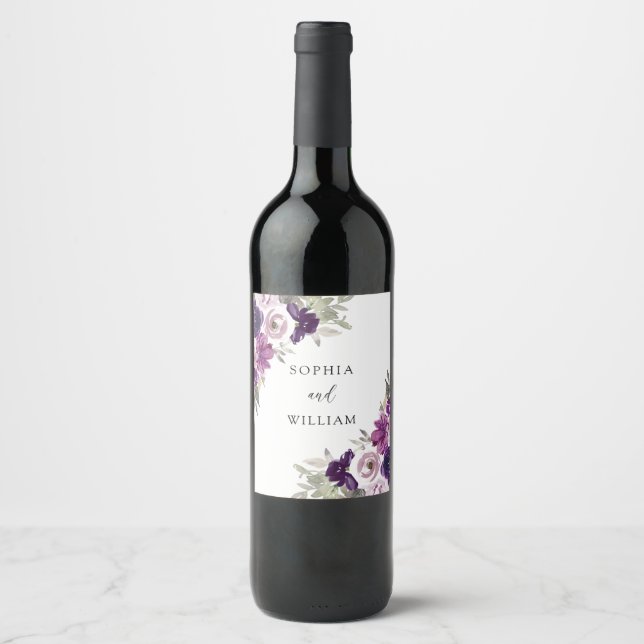 Purple Violet Watercolor Floral Wedding Engagement Wine Label (Front)