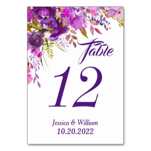 Purple Violet Watercolor Floral Wedding Table Number