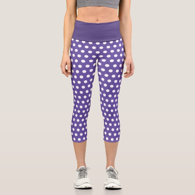 Purple violet white polka dots pattern capri leggings (Front)