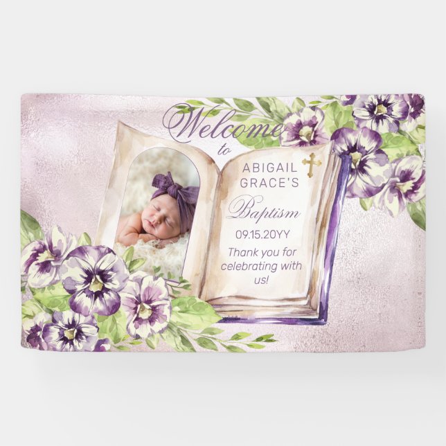 Purple Violets Arched Photo Unique Baptism Banner (Horizontal)