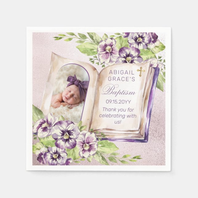 Purple Violets Arched Photo Unique Baptism Napkin (Front)