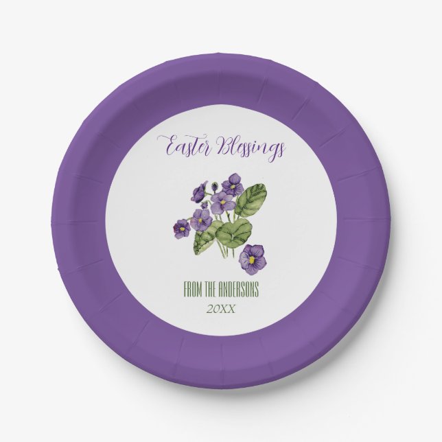 Purple violets Easter blessings  Paper Plate (Front)