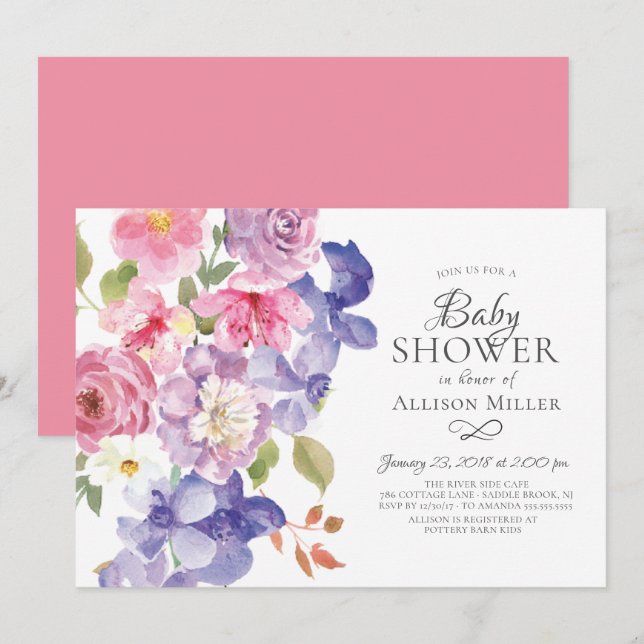 Purple Violets Floral BABY Shower Invitations (Front/Back)