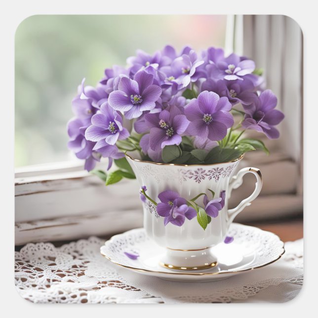 Purple Violets In Old Teacup Square Sticker (Front)
