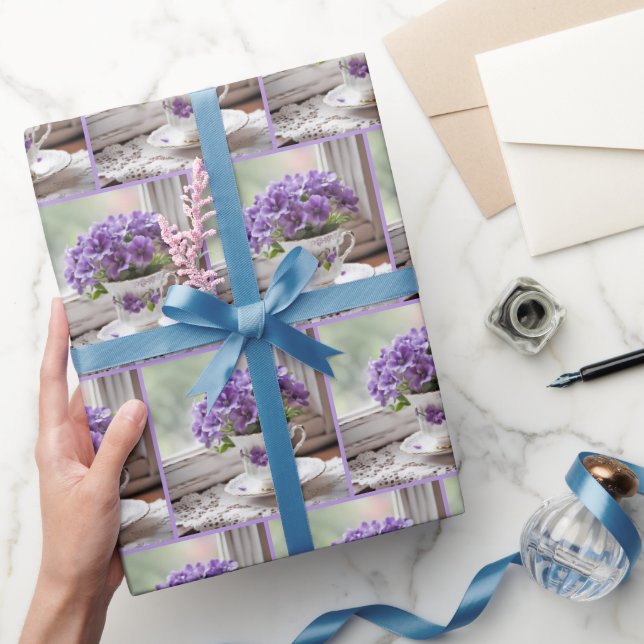 Purple Violets In Retro Teacup Wrapping Paper (Gifting)