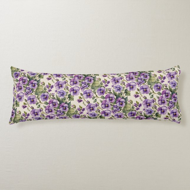 Purple Violets on White Body Pillow (Front)