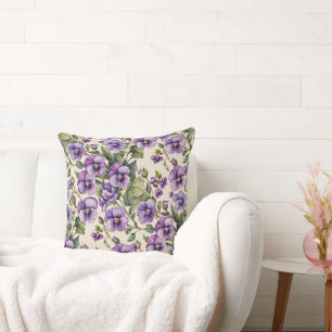 Purple Violets on White Throw Pillow