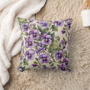 Purple Violets on White Throw Pillow