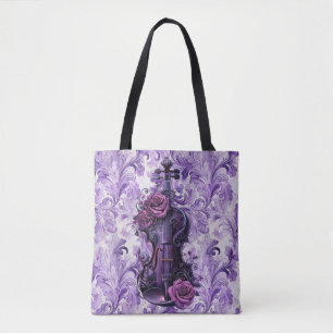 Purple Violin on Lilac Floral  Large Shoulder Tote