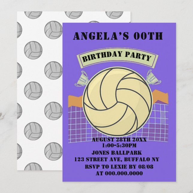 Purple Volleyball Birthday Party Invites (Front/Back)