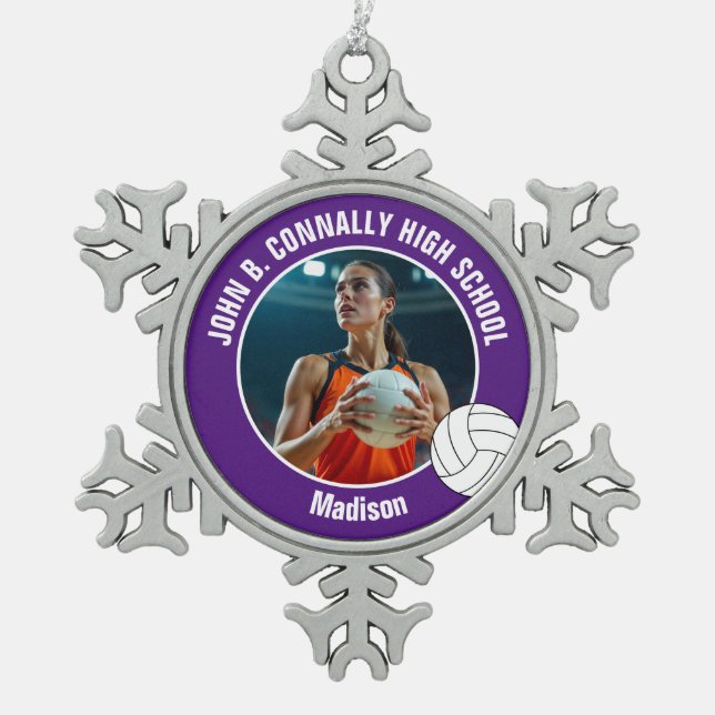 Purple Volleyball Player Photo High School Snowflake Pewter Christmas Ornament (Front)