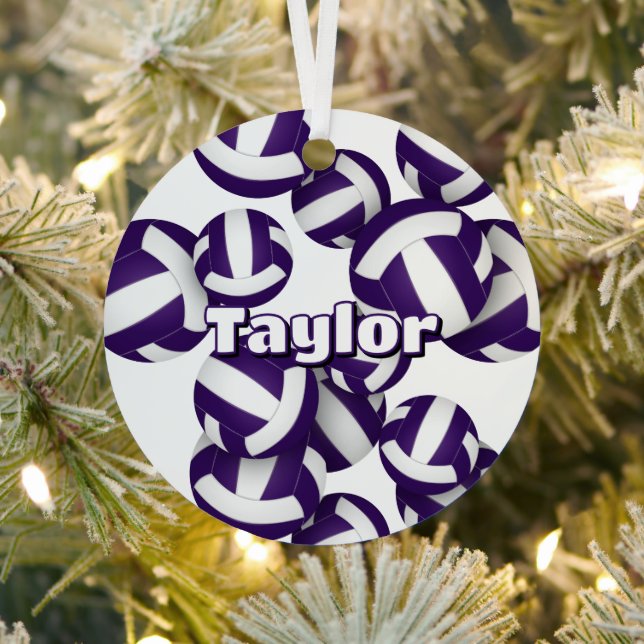 purple volleyballs with athlete name keepsake metal ornament (Insitu)