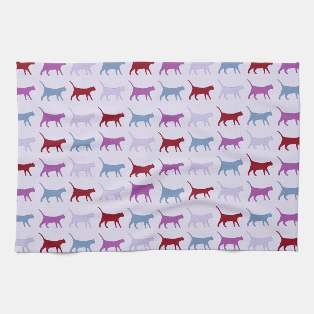 Purple Walking Cat Pattern Kitchen Towel (Horizontal)