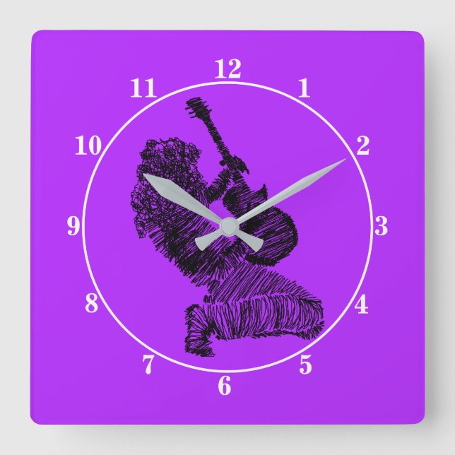 Purple Wall Clock Rock Guitar Player Choose Colors (Front)