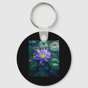 Purple Water Lily Flowers And Lily Pads On A Dark Keychain