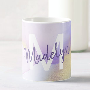 Purple Watercolor Abstract Girly Luxury Monogram Coffee Mug