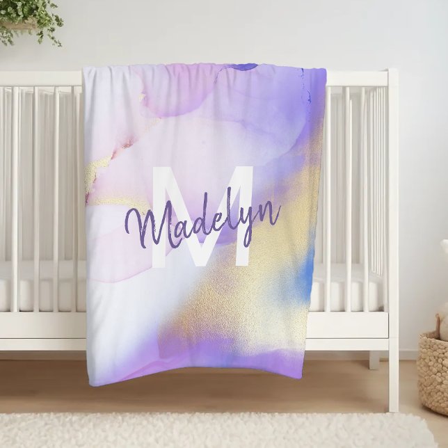 Purple Watercolor Abstract Girly Luxury Monogram Fleece Blanket (Creator Uploaded)