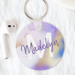 Purple Watercolor Abstract Girly Luxury Monogram Keychain<br><div class="desc">Easily personalize this glamourous style abstract lilac watercolor paint and faux gold spray background with your custom details.</div>