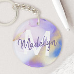 Purple Watercolor Abstract Girly Luxury Monogram Keychain<br><div class="desc">Easily personalize this glamourous style abstract lilac watercolor paint and faux gold spray background with your custom details.</div>