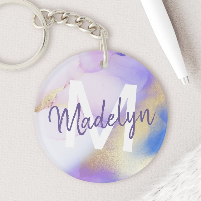 Purple Watercolor Abstract Girly Luxury Monogram Keychain (Creator Uploaded)