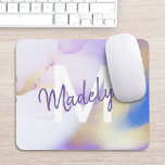 Purple Watercolor Abstract Girly Luxury Monogram Mouse Pad<br><div class="desc">Easily personalize this glamourous style abstract lilac watercolor paint and faux gold spray background with your custom details.</div>