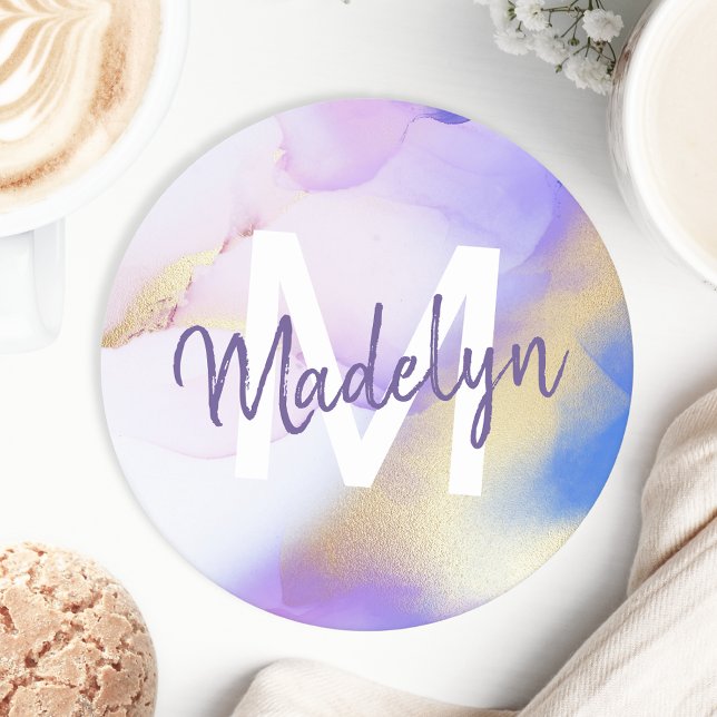 Purple Watercolor Abstract Girly Luxury Monogram Round Paper Coaster (Creator Uploaded)