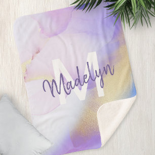 Purple Watercolor Abstract Girly Luxury Monogram Sherpa Blanket