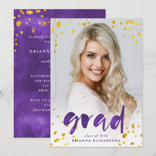 Purple Watercolor and Gold Photo Grad Party Invitation