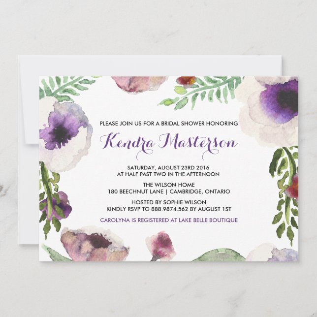 Purple Watercolor Anemone Bridal Shower Invitation (Front)