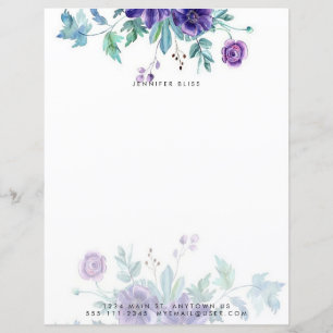 Purple watercolor anemone personalized stationery